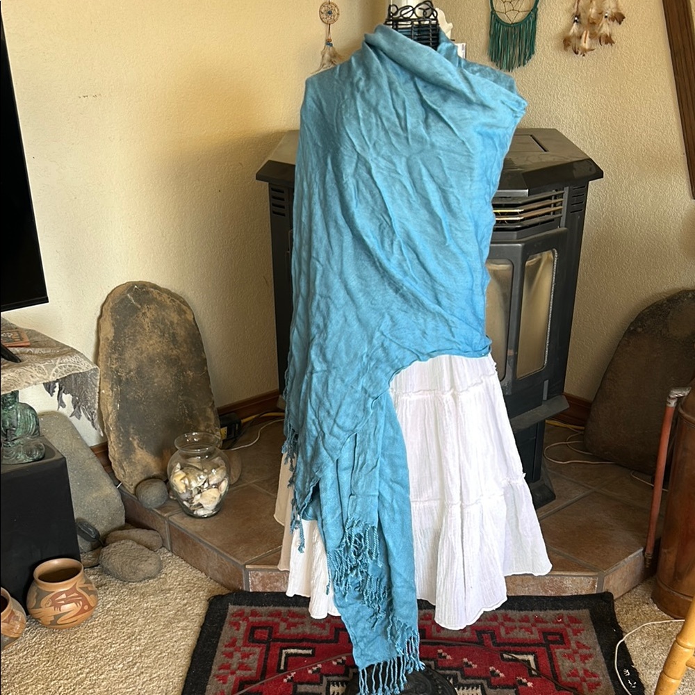 Blue Fringed wrap, sarong or Throw Blanket